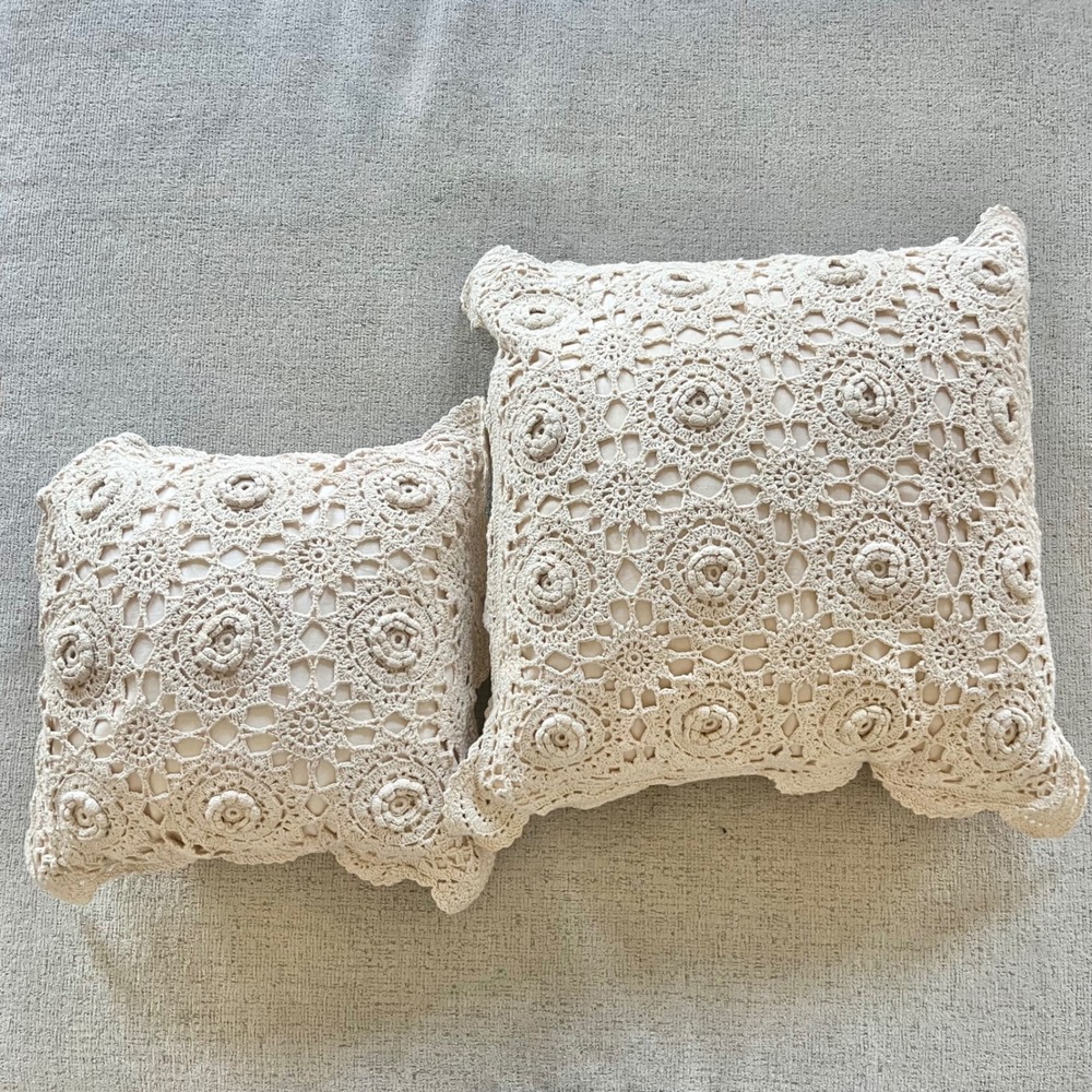 Set of 2 Cream Crochet Floral Medallion Throw Pillows Boho Cottagecore Decor